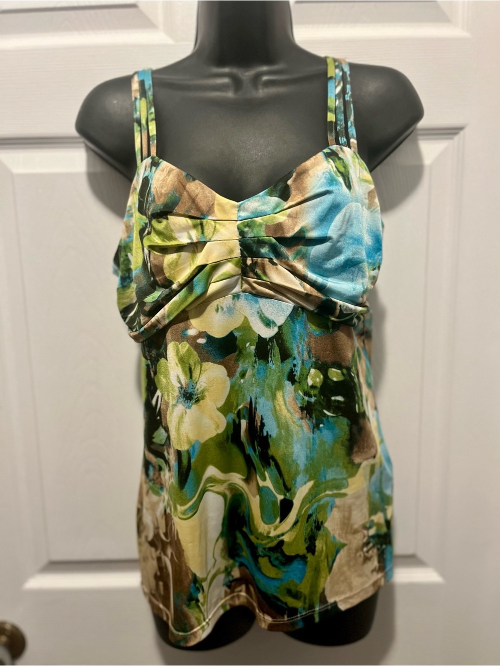Y2K Dusak Designs Tank Top Pleated Sweetheart Neck Camisole Blue Green Medium